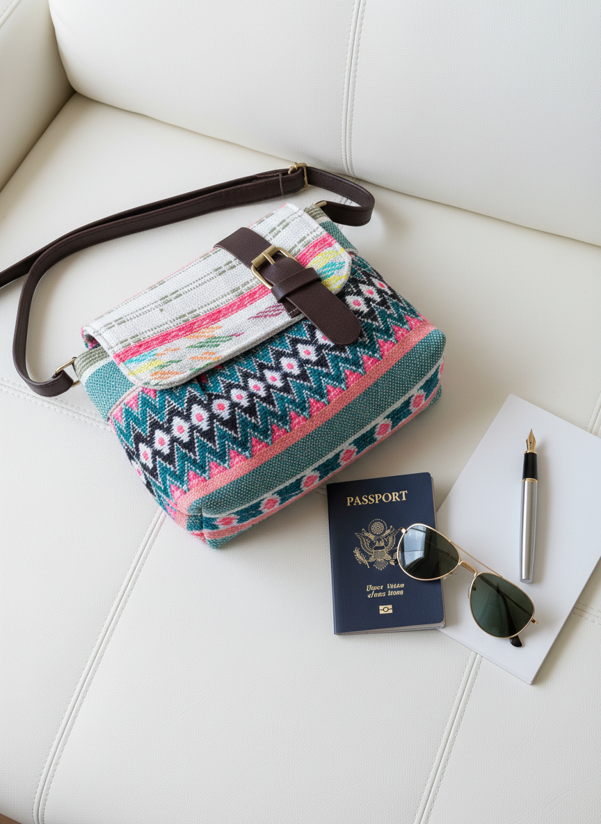 Colorful patterned Bahnaz bag on a white surface with a passport, sunglasses, and pen.