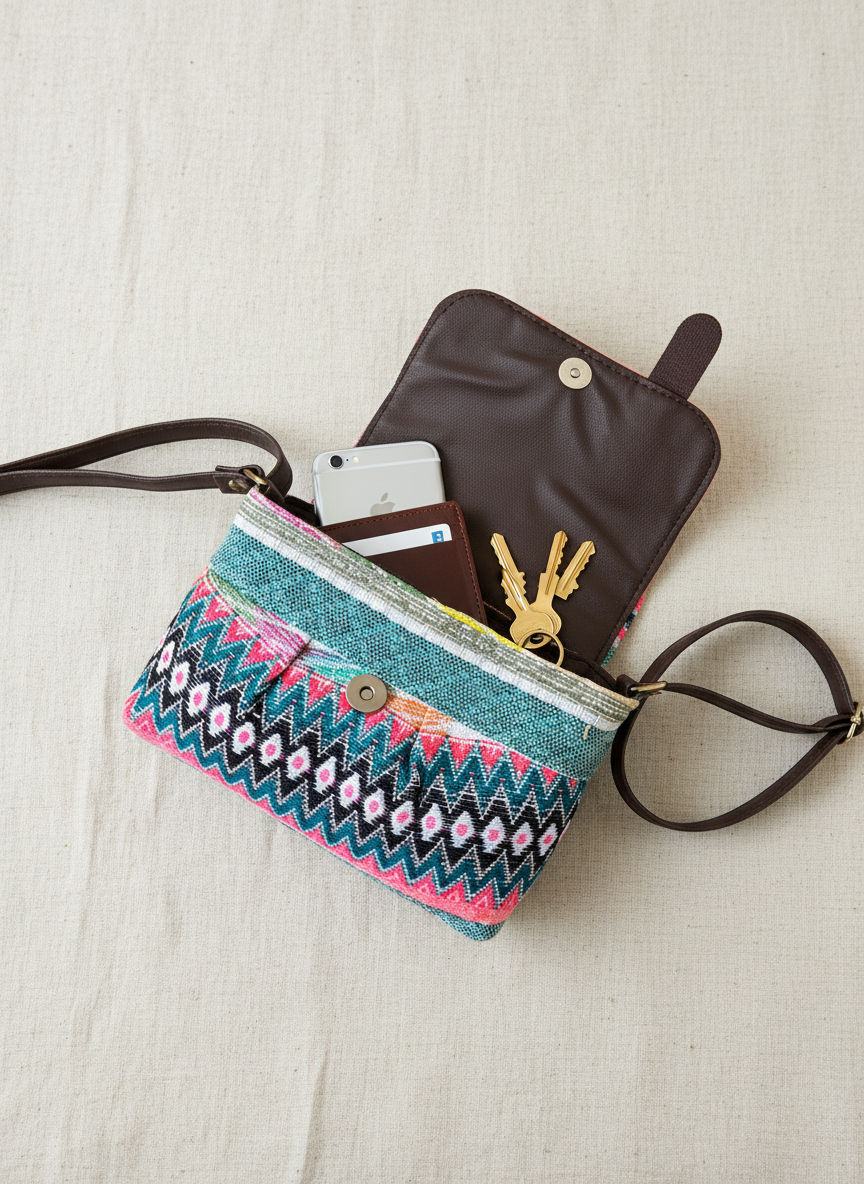 Multicolored patterned pouch from Bahnaz with a brown wallet and phone inside on a light background