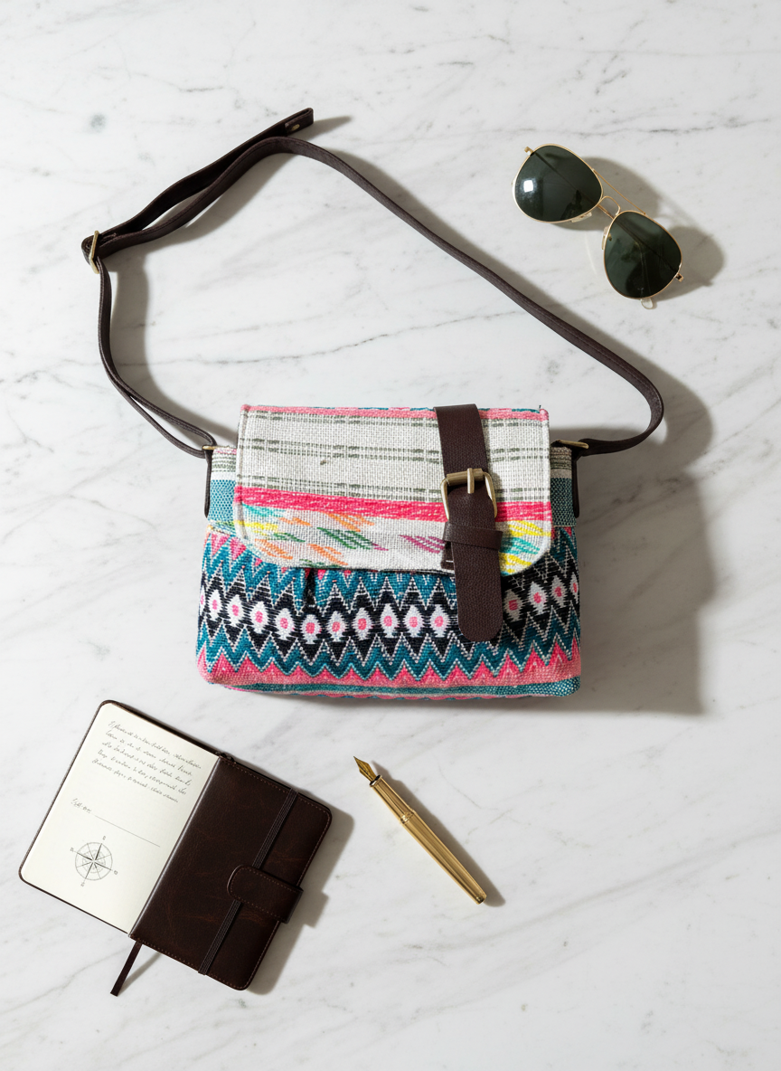 Colorful patterned Bahnaz crossbody bag on a light surface with sunglasses, notebook, and pen.