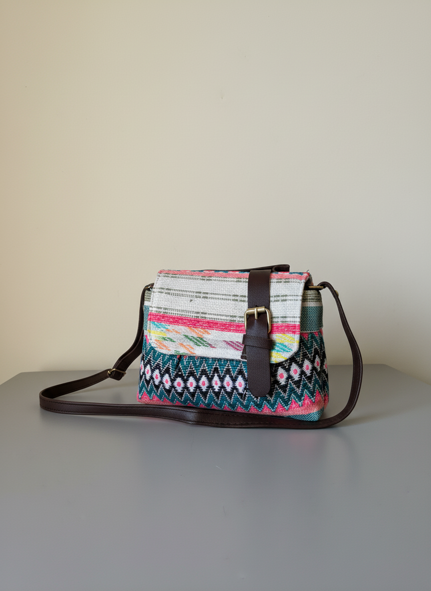 Bahnaz Multicolored patterned handbag with brown strap on a gray surface